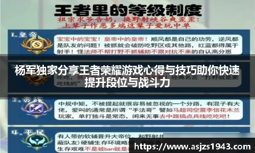 杨军独家分享王者荣耀游戏心得与技巧助你快速提升段位与战斗力